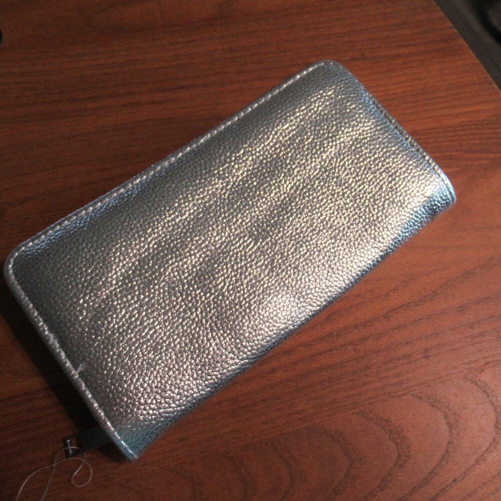 Silver Metallic Zip Around Wallet Women Clutch Credit Cards Coin
